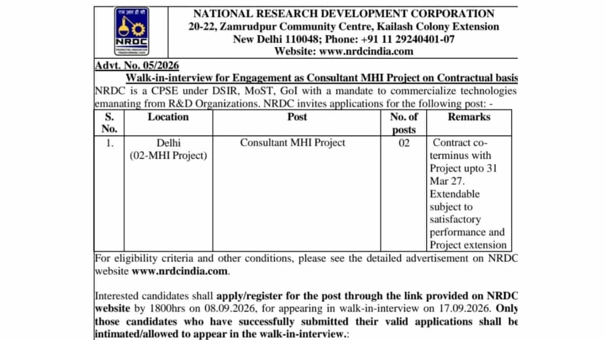 NRDC Invites Applications for Consultant (MHI Project) – Walk-in Interview
