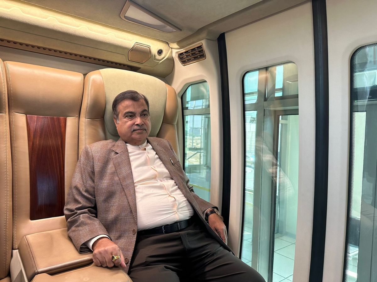 Nitin Gadkari takes test ride of the Sky Bus to experience safety in Sharjah, UAE